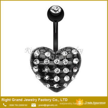 Black Plated Multi CZ Gems Paved Heart Shape Surgical Steel Belly Button Ring